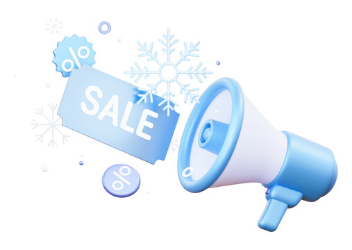 3D winter sale megaphone with discount tag and snowflakes for seasonal promotion, Christmas advertising, retail campaign and holiday shopping design