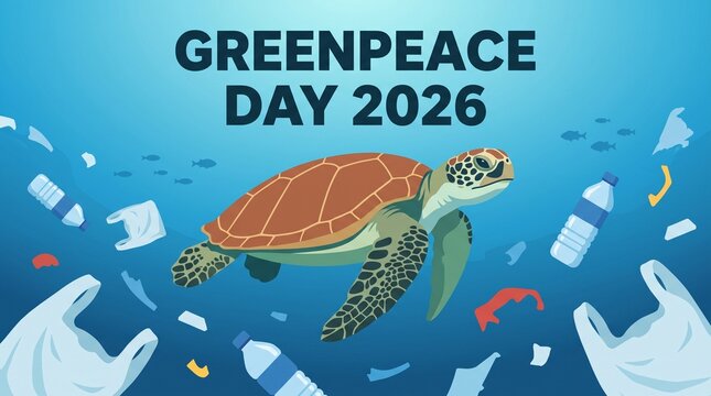 Illustration of a sea turtle surrounded by plastic.
