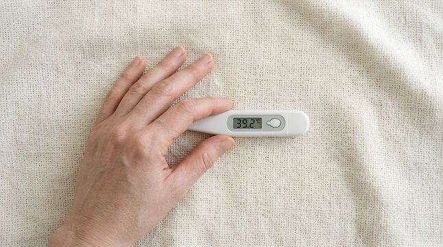 Thermometer shows a high fever reading while being held by a human hand.