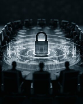 Metallic padlock hovering above a boardroom table