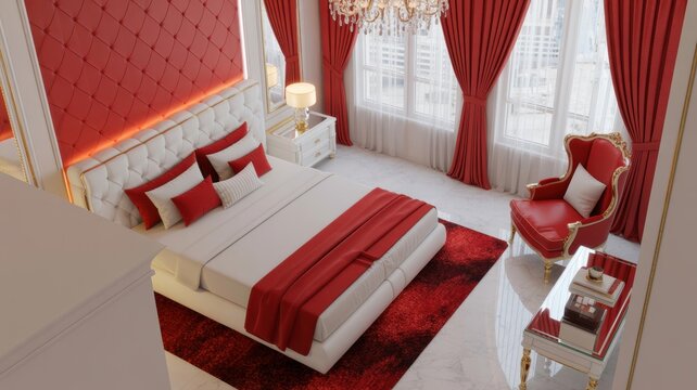 Luxurious Red and White Interior Design of Modern Royal Bedroom Furniture