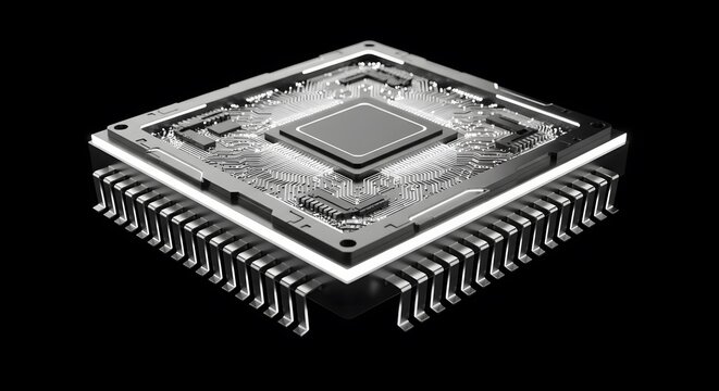 Close up rendering of a central processing unit against a black background