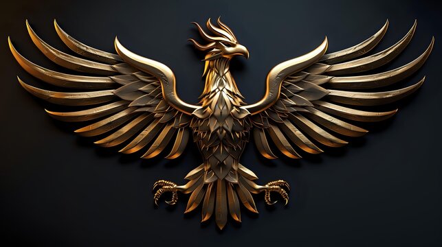 Golden eagle with spread wings in metallic bronze and gold tones, displayed against dark background for luxury branding, emblems, and corporate identity designs.
