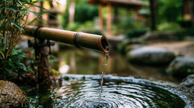 Tranquil Bamboo Fountain in a Serene Garden: A bamboo pipe gently trickles water into a still pond, surrounded by lush greenery and rocks.