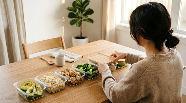 Woman organizes healthy meal containers for her busy work week in the kitchen.