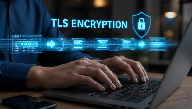 Professional developer using modern laptop to manage secure tls encryption handshake process for global network safety