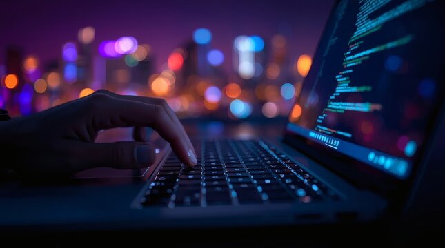 Programmer typing code on a laptop with a bokeh city skyline at night