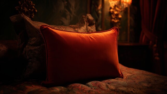 Elegant Orange Pillow on Luxurious Bed in Dimly Lit Room Setting