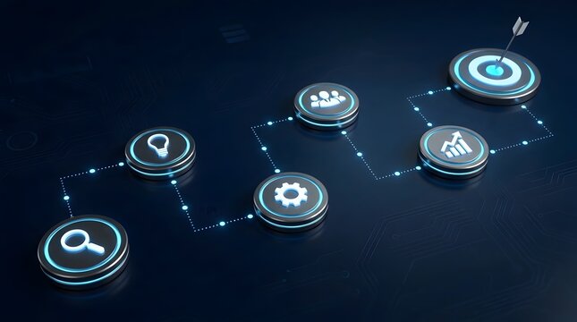 Digital business workflow concept showing strategic process nodes connected towards a final target goal on tech background