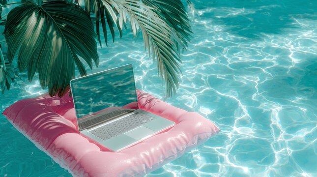 Laptop computer on a pink inflatable mattress in a swimming pool under palm leaves. Digital nomad, remote work, and out of office summer vacation concept