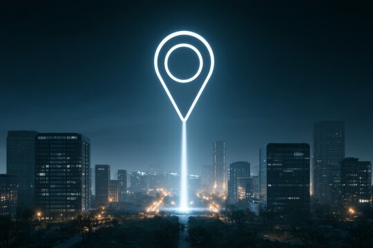 Location pin icon hovering above a city skyline