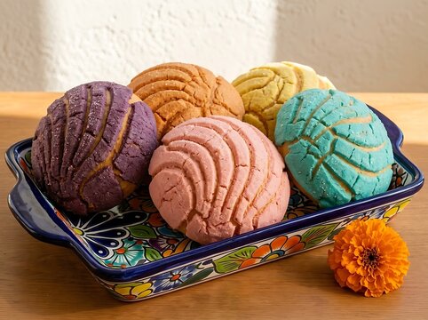Freshly baked colorful Mexican sweet bread conchas served in a traditional decorated ceramic tray with a flower