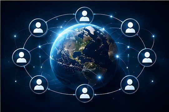 Global business network concept featuring connected user profile nodes orbiting earth in digital space