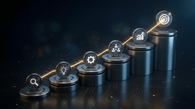 Corporate progression roadmap concept featuring glowing strategic nodes on ascending metallic columns towards a target