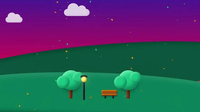 2D animation of a garden scene with two white clouds moving from left to right, fireflies flying, two trees, garden lights and a garden bench with a pink purple sky atmosphere