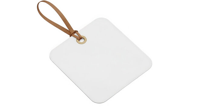 Empty white tag hanging on brown string isolated on transparent background
