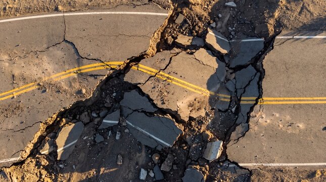 Aerial view of a severely cracked and broken asphalt road, damaged by a powerful earthquake, showing extensive ground displacement and structural failure.