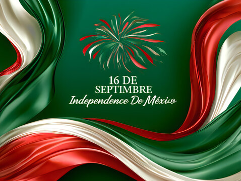 Mexican independence day celebration background with waving green white and red fabric and fireworks