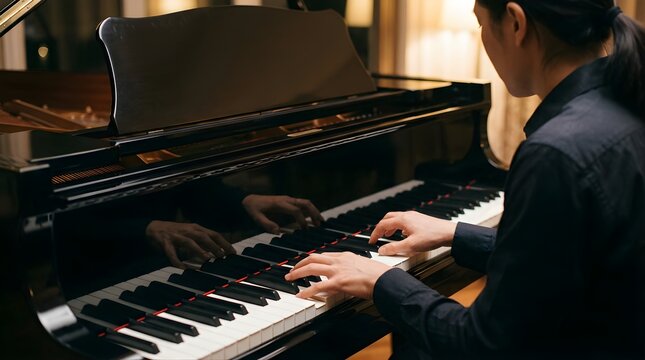 Man playing grand piano in a dimly lit room for artistic performance
