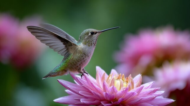 Hummingbird feeding on vibrant flower, colorful tropical bird collecting nectar from blooming petals, detailed feathers and wings in nature, close up wildlife photography, floral pollination and exoti