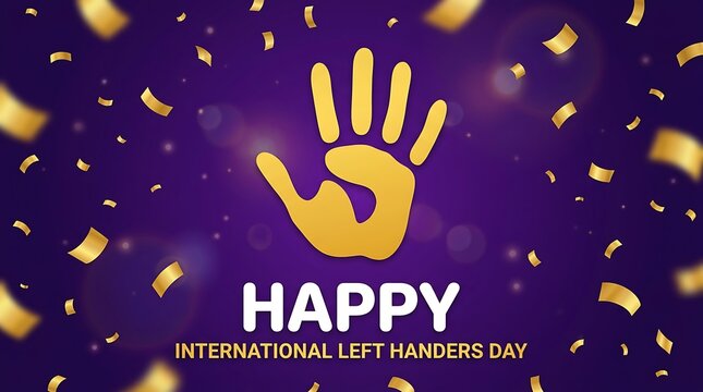 Happy International Left Handers Day Celebration With Golden Hand Silhouette On Plum Purple Background With Confetti