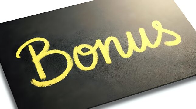 Bonus text written in yellow chalk on black chalkboard surface, representing incentive, reward, or extra benefit concept for business and financial promotions.