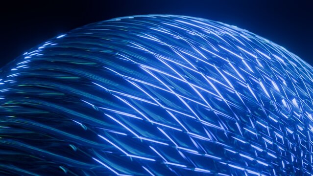 Abstract glowing blue glass sphere surface close up with neon diamond mesh grid pattern, Futuristic 3D render