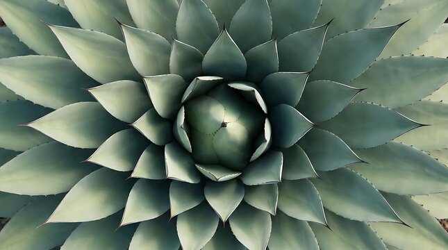 Top down close up of an agave americana succulent showing the beautiful geometric pattern and sharp spines of the desert plant leaves in nature