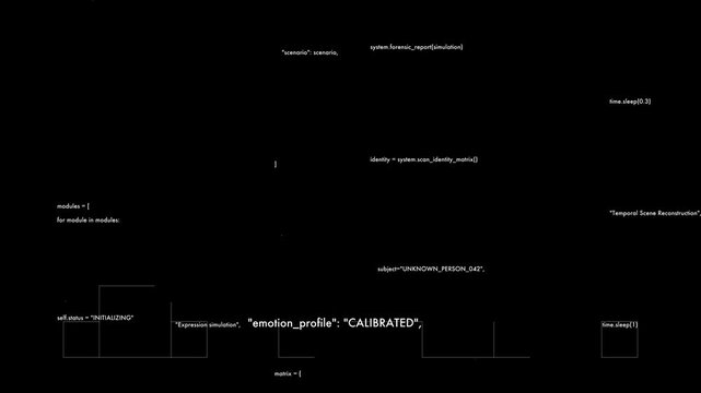 A clean minimalist digital screen overlay featuring white cyber forensics source code, database scripts, and software programming terminal text loops.