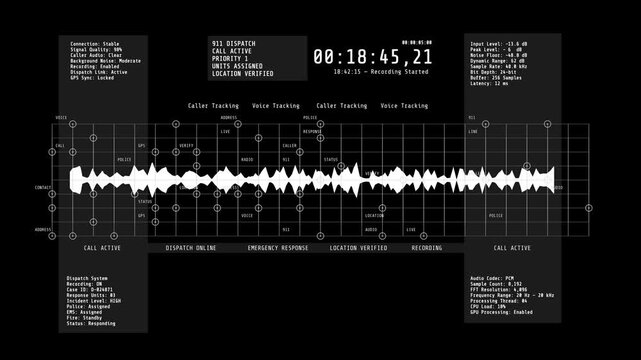 A monochromatic digital terminal visualizing an active 911 emergency call, displaying audio waveforms, caller tracking metrics, and priority status tracking.
