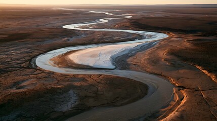 Fototapeta premium Winding Desert River at Sunset with Salt Flat
