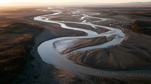 Winding Desert River at Sunset with Salt Flat