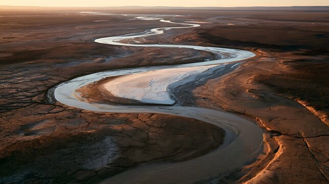 Winding Desert River at Sunset with Salt Flat