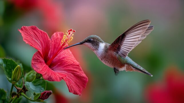 Hummingbird feeding on vibrant hibiscus flower, macro wildlife photography of colorful tropical bird collecting nectar in nature, detailed wings and feathers close up, exotic birdlife and floral polli