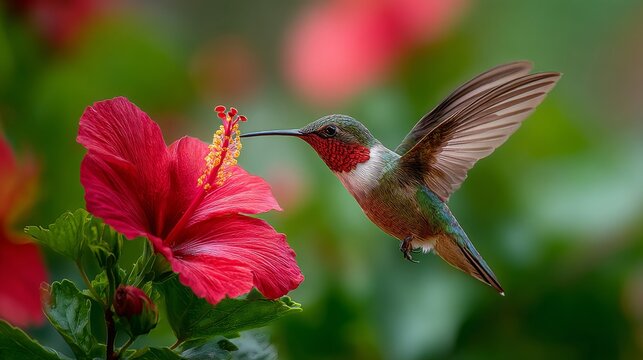 Hummingbird feeding on vibrant hibiscus flower, macro wildlife photography of colorful tropical bird collecting nectar in nature, detailed wings and feathers close up, exotic birdlife and floral polli