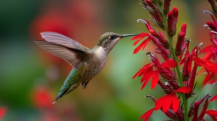 Naklejka premium Hummingbird with extended tongue feeding from vibrant red flower in morning garden, colorful tropical bird collecting nectar among bright blossoms, delicate feathers and wings in natural outdoor habit
