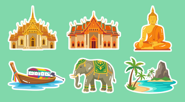 Vibrant flat vector graphic sticker collection featuring traditional Thai architecture buddha statue elephant longtail boat and tropical island beach scenery