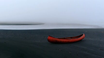 Fototapeta premium Lone Weathered Red Canoe on Black Volcanic Sand