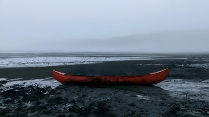 Fototapeta premium Lone Weathered Red Canoe on Black Volcanic Sand