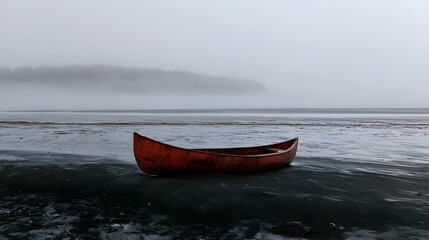 Fototapeta premium Lone Weathered Red Canoe on Black Volcanic Sand