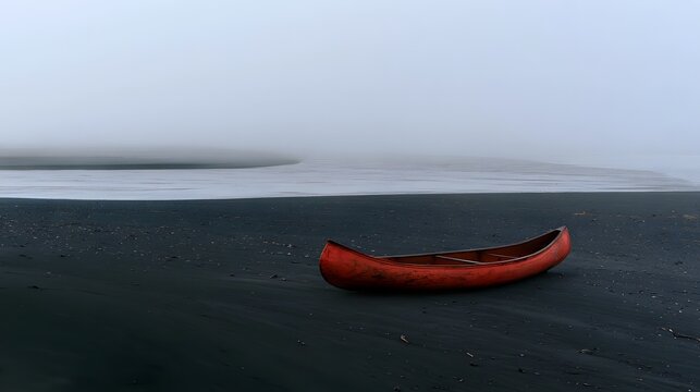 Lone Weathered Red Canoe on Black Volcanic Sand