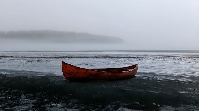 Lone Weathered Red Canoe on Black Volcanic Sand