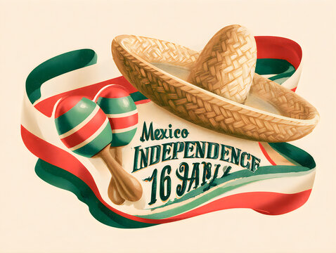 Mexican independence day celebration design with sombrero hat maracas and ribbons