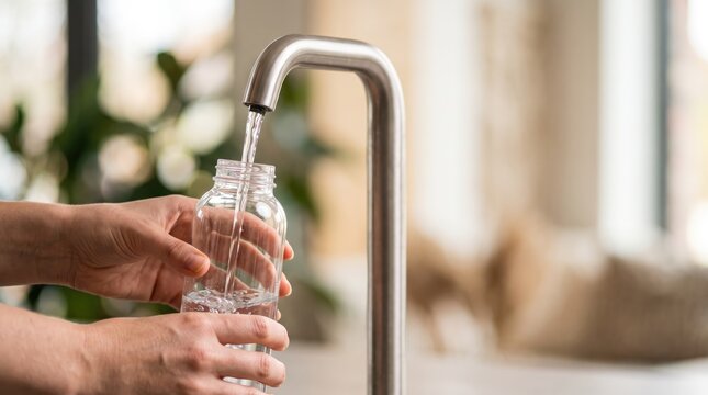 Person refills reusable water bottle using tap