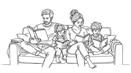 Family Reading Books Together On Sofa, Isolated Line Art Illustration