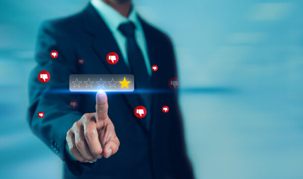 Business rating concept showing a one star review with negative feedback icons, representing customer dissatisfaction, poor service bad experience low satisfaction, complaints and reputation concerns.