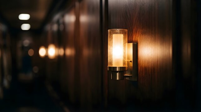 Warm glowing wall lamp in a dim corridor for luxury interior design