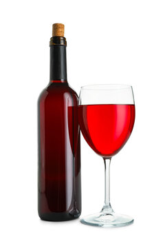Glass and bottle of wine on white  background