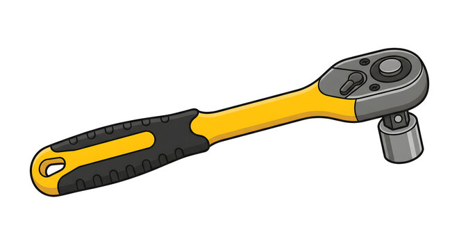 Reversible ratchet socket wrench hand tool with yellow and black grip isolated on white background