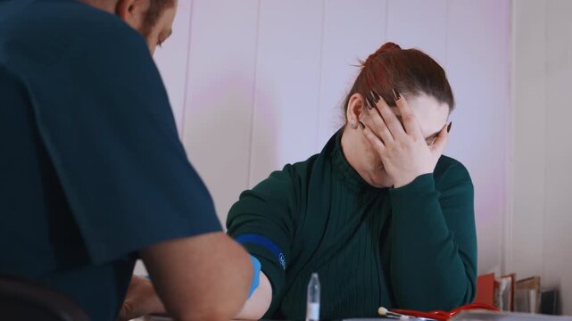 Paramedic preparing blood draw at home, tourniquet applied while patient covers face in apprehension, syringe and tubes on table, focused phlebotomy procedure in domestic setting.